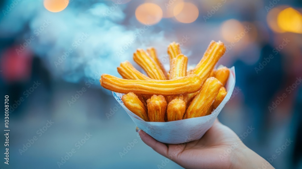 Hand holding churros, smoky air, vibrant city street at night Hand holding churros, smoky air, vibrant city street at night