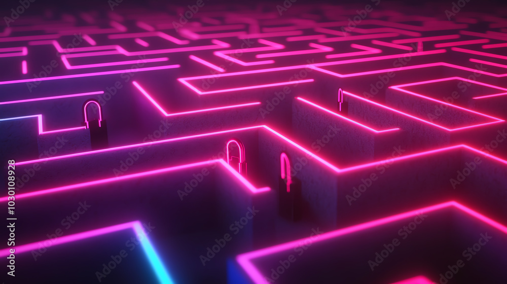 A vibrant neon maze with illuminated pathways in pink and blue tones, showcasing an abstract design that invites exploration and creativity. A vibrant neon maze with illuminated pathways in pink and blue tones, showcasing an abstract design that invites exploration and creativity.