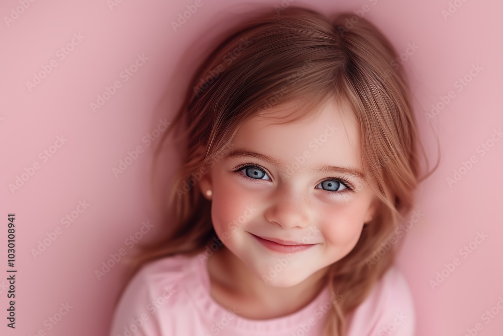 A smiling little girl with bright blue eyes and soft hair, enjoying a moment against a pink backdrop A smiling little girl with bright blue eyes and soft hair, enjoying a moment against a pink backdrop