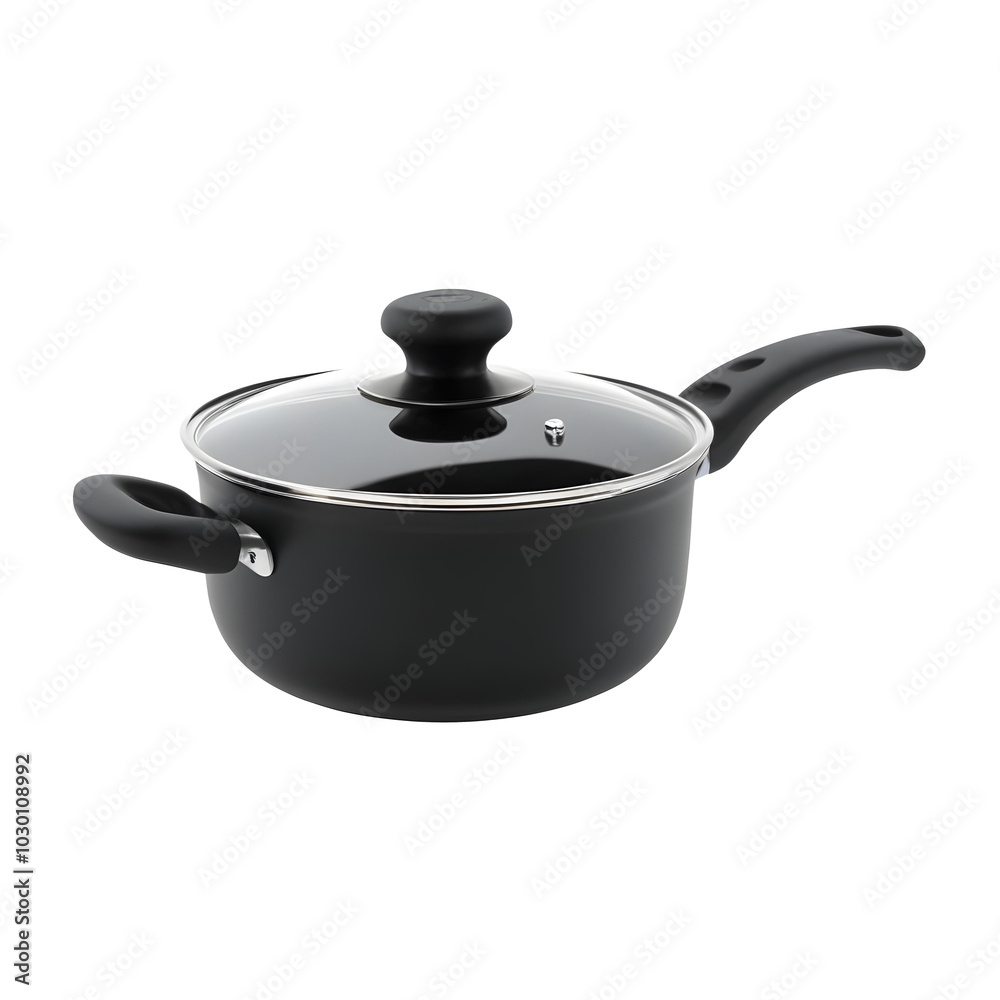 A black non-stick saucepan with a lid, sitting on a png white background A black non-stick saucepan with a lid, sitting on a png white background