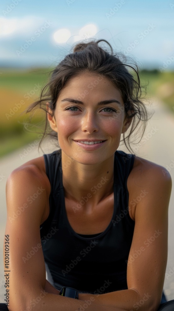 A woman smiles warmly while sitting outside. AI. A woman smiles warmly while sitting outside. AI.