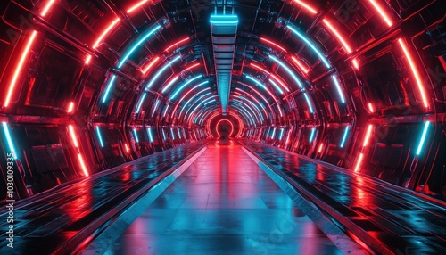 A mesmerizing geometric tunnel bathed in vivid red and blue lights  creating an atmosphere surrealism and future possibilities.