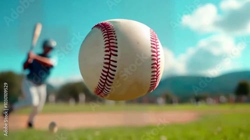 baseball resting on a wet, gritty field under bright stadium lights. symbolizing speed and power, set against a blurred stadium background.Concept of sport, show, competition.