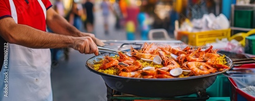 Local vendor cooking seafood paella, colorful city street scene photo