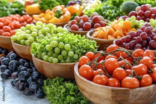 Fresh Fruit and Vegetable Display in Wooden Bowls Healthy Eating Food Market Produce Vitamins