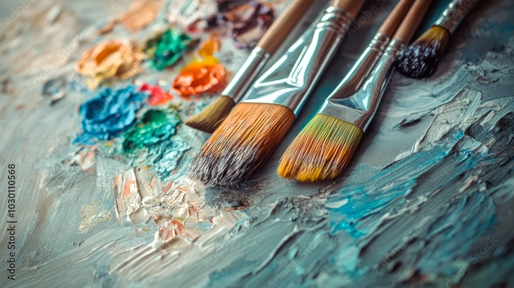 Fototapeta premium Close-up of paintbrushes on a palette with colorful oil paints.