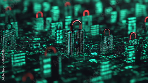 Obraz na płótnie Abstract representation of data security with digital locks and glowing circuits, symbolizing cybersecurity and protection of information in a virtual environment. w salonie