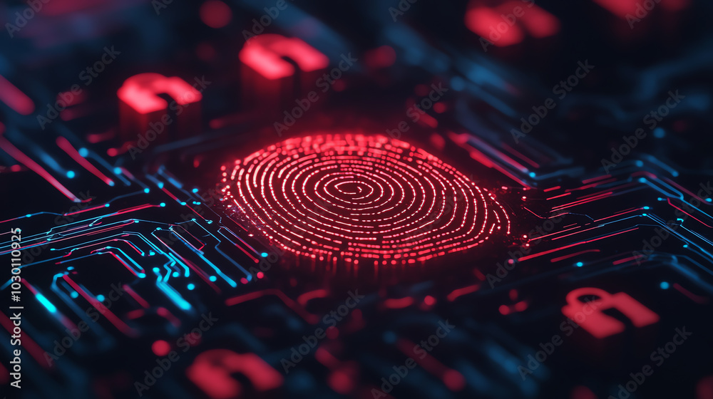 Close-up of a fingerprint design on a circuit board, illuminated with red lights on a dark background, representing biometric security and modern technology innovation. Close-up of a fingerprint design on a circuit board, illuminated with red lights on a dark background, representing biometric security and modern technology innovation.