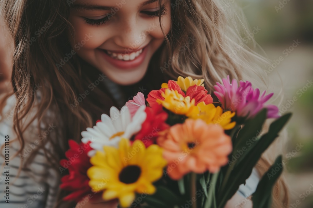 A young woman hands a colorful bouquet of flowers in a sunny outdoor setting A young woman hands a colorful bouquet of flowers in a sunny outdoor setting