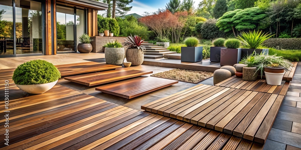 Fototapeta premium Stunning Architectural Photography of Wooden Decking Samples Showcasing Modern Design and Natural Aesthetics for Outdoor Spaces, Perfect for Home Improvement and Landscaping Projects