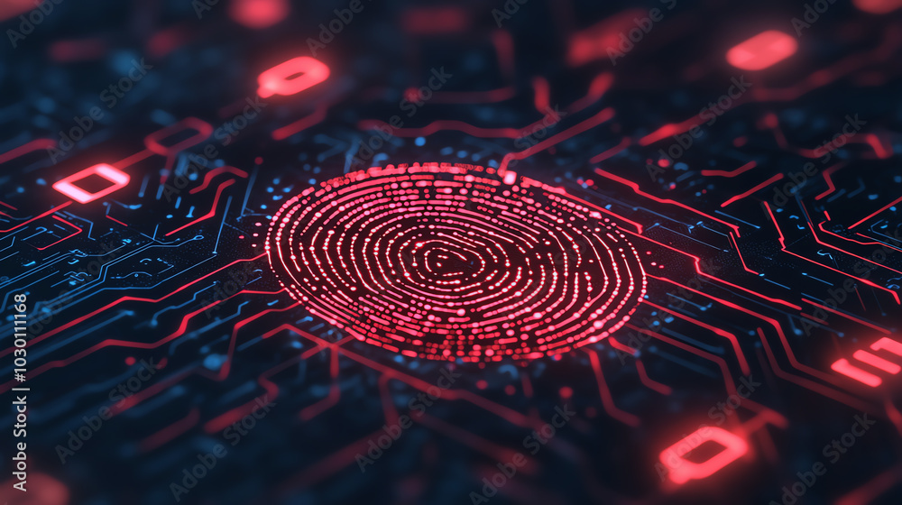 Close-up view of a digital fingerprint overlaying a circuit board, illustrating the integration of biometric security in technology.