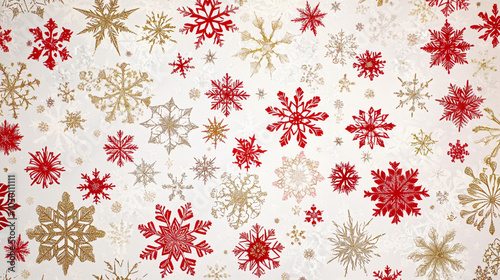 Festive Snowflakes Pattern: A whimsical winter wonderland unfolds with a delicate scattering of red and gold snowflakes, creating a festive and elegant background for your holiday designs.