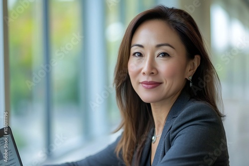 Happy mature middle aged professional business asian american woman bank worker or hr manager, corporate executive looking away at work working on laptop computer in office thinking of business techno
