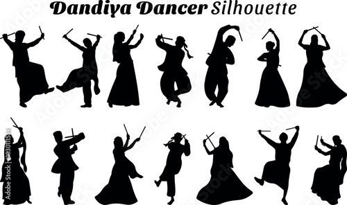 Dandiya dancer silhouettes vector illustration set