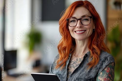 Smiling mature business irish american woman with tatoos manager executive, happy middle aged businesswoman entrepreneur, 40 year old professional hr holding digital tablet looking at camera standing 