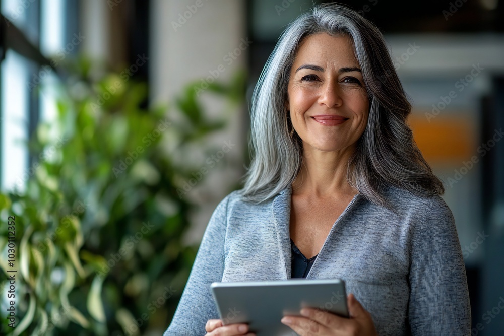 Smiling mature business irish american woman manager executive, happy middle aged businesswoman entrepreneur, 40 year old professional hr holding digital tablet looking at camera standing in office at Smiling mature business irish american woman manager executive, happy middle aged businesswoman entrepreneur, 40 year old professional hr holding digital tablet looking at camera standing in office at