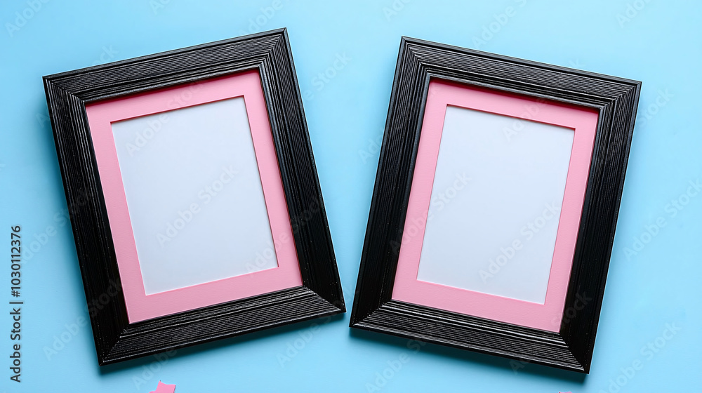 Fototapeta premium Black and Pink Picture Frames with Colorful Stars on Blue Background