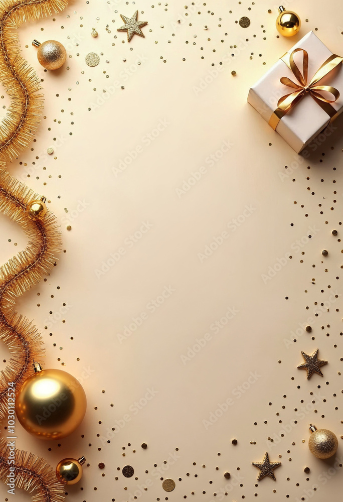 Fototapeta premium Christmas and happy new year flat lay. Gold and black celebration concept with gift box and decoration. Copy space