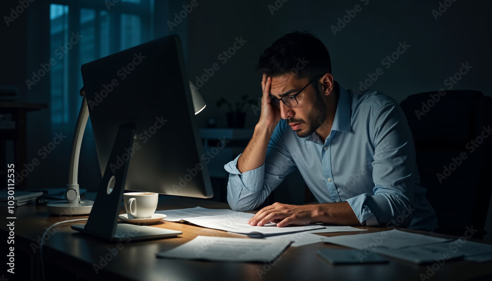 Busy young man working overtime late at night and sitting at office desk, he is using a laptop and connecting to internet Busy young man working overtime late at night and sitting at office desk, he is using a laptop and connecting to internet