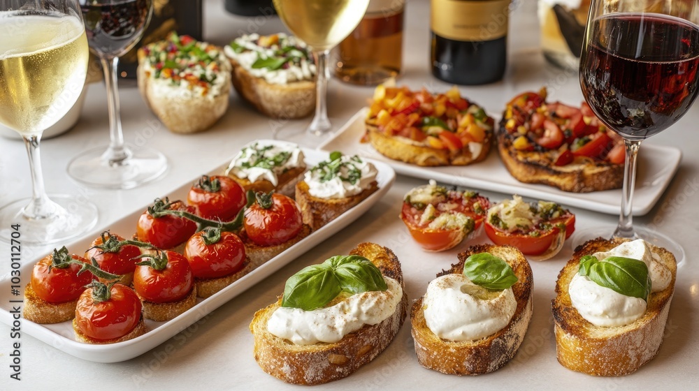 Array of Beautiful Cicchetti with Wine and Cocktails Array of Beautiful Cicchetti with Wine and Cocktails