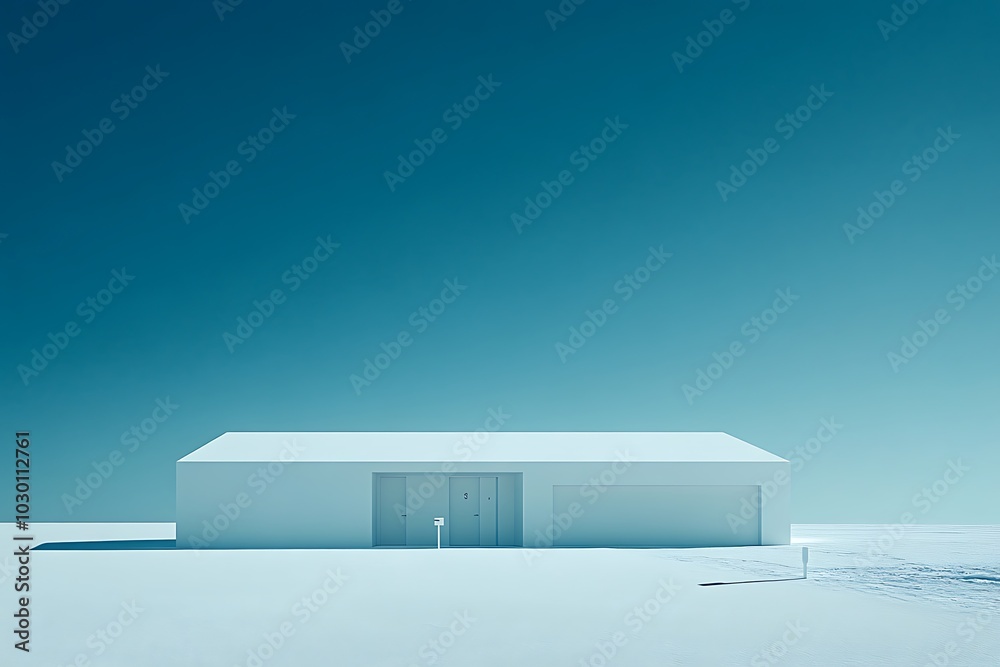 Minimalist House with a Single Door and a Garage in a White Landscape Minimalist House with a Single Door and a Garage in a White Landscape