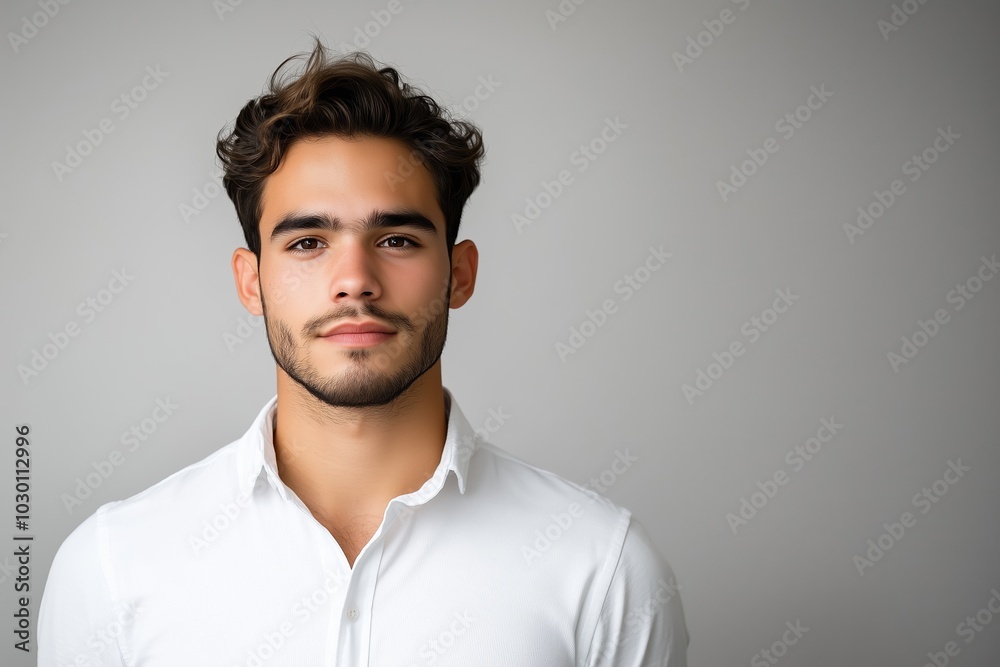 Fototapeta premium Portrait of a young attractive man in a plain white shirt against a light background