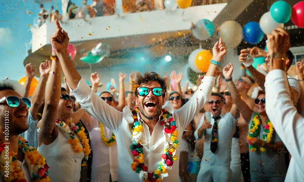 A lively summer gathering unfolds under the sun, where people join together in colorful attire, dancing joyfully while celebrating with friends at a beachside venue