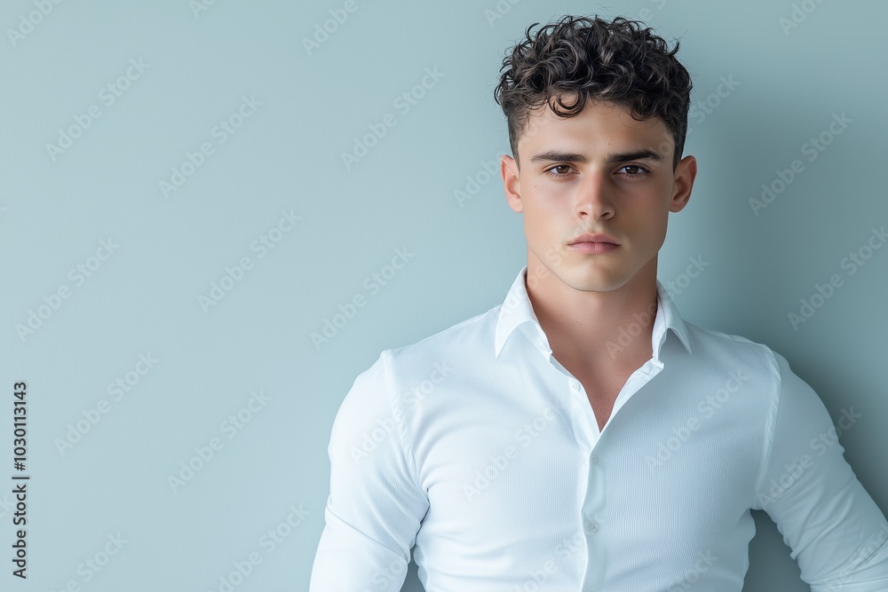 Young attractive man with curly hair in a plain white shirt on a light background Young attractive man with curly hair in a plain white shirt on a light background