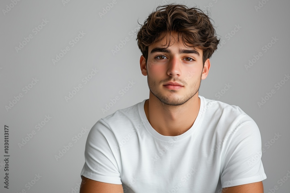 A young attractive man poses with a confident expression against a minimalist backdrop A young attractive man poses with a confident expression against a minimalist backdrop