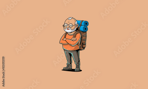 Elderly man smiling, hiking with backpack.