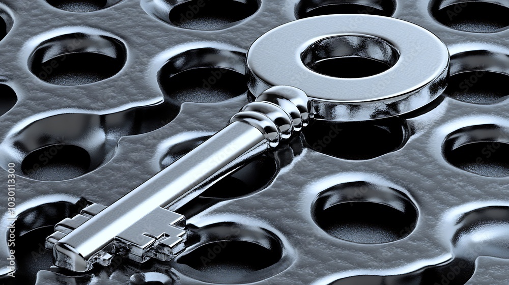 Shiny Silver Key on Metal Background with Abstract Holes Shiny Silver Key on Metal Background with Abstract Holes