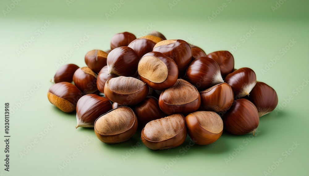 Freshly Harvested Chestnuts in a Winter Bounty Pile on a Matte Green Background. Perfect for Seasonal Cooking, Holiday Baking, or Rustic Decor Concepts in Cool Toned Natural Settings Freshly Harvested Chestnuts in a Winter Bounty Pile on a Matte Green Background. Perfect for Seasonal Cooking, Holiday Baking, or Rustic Decor Concepts in Cool Toned Natural Settings