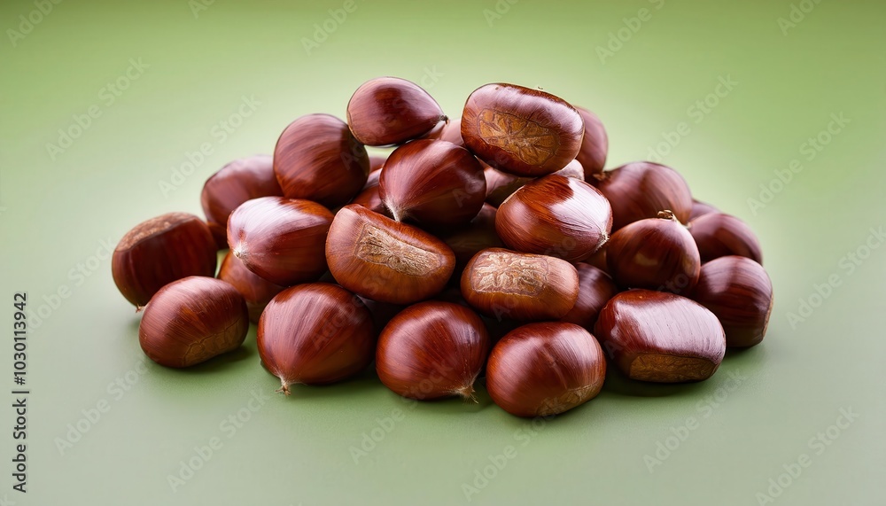 Freshly Harvested Chestnuts in a Winter Bounty Pile on a Matte Green Background. Perfect for Seasonal Cooking, Holiday Baking, or Rustic Decor Concepts in Cool Toned Natural Settings Freshly Harvested Chestnuts in a Winter Bounty Pile on a Matte Green Background. Perfect for Seasonal Cooking, Holiday Baking, or Rustic Decor Concepts in Cool Toned Natural Settings