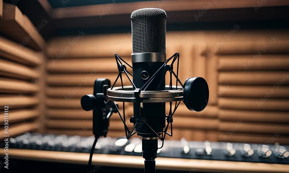 A close-up of a microphone on a stand, designed for recording audio in a studio setting.
