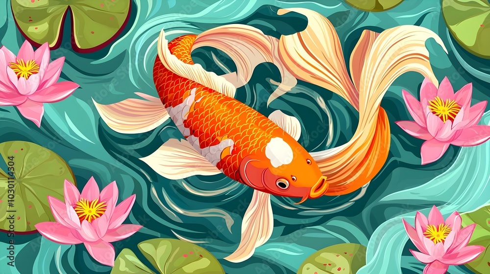 Obraz premium Koi Fish and Lotus Flowers