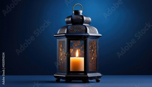 Intricately Designed Metal Lantern with Soft Candlelight Glowing in a Deep Blue Winter Night Setting. Ideal for Creating a Cozy Holiday Ambiance, Festive Decor, or Warm Indoor Winter Evenings