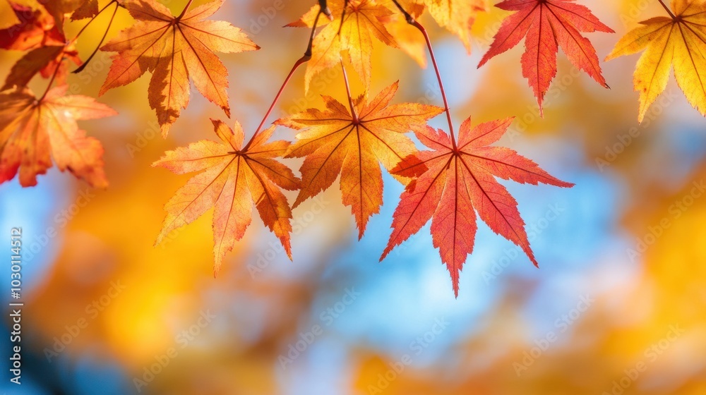 Golden and red maple leaves swaying in the Autumn breeze under a clear sky Golden and red maple leaves swaying in the Autumn breeze under a clear sky