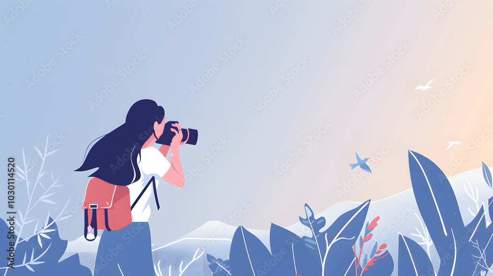 Obraz premium A woman photographer is taking photos with her camera, a simple flat style illustration with simple lines, a blue and white color scheme, in a cartoon style
