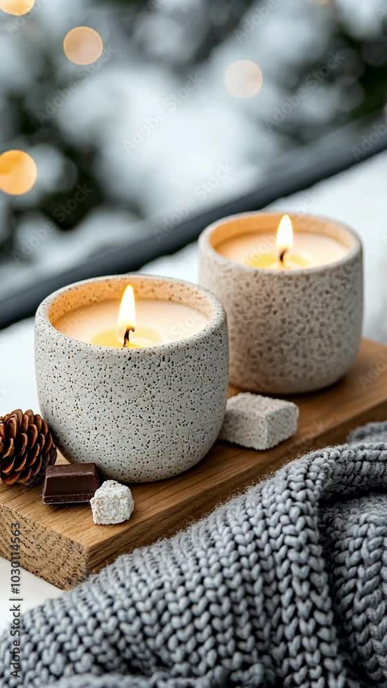 Cozy scene with lit candles, a pinecone, chocolate, and a knitted blanket. Cozy scene with lit candles, a pinecone, chocolate, and a knitted blanket.