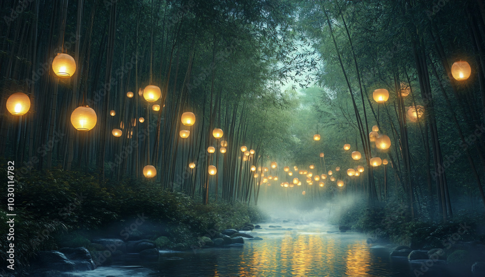 A dense bamboo forest at twilight, filled with glowing paper lanterns that drift through the air or hang from branches A dense bamboo forest at twilight, filled with glowing paper lanterns that drift through the air or hang from branches