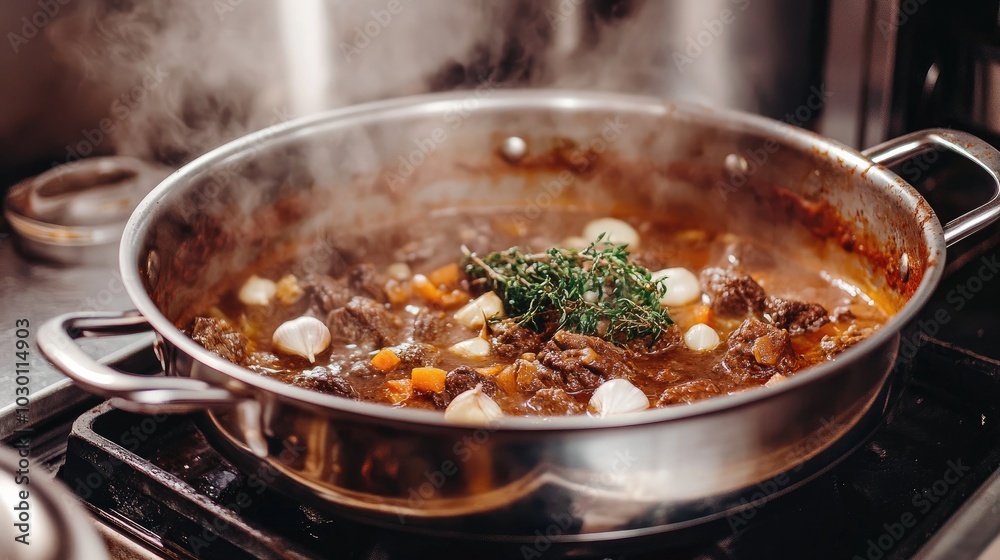 Bubbling Beef Stew in a Silver Pot Bubbling Beef Stew in a Silver Pot
