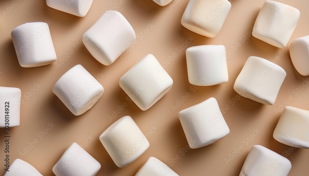 Overhead Flat Lay of Soft Pastel Marshmallows Arranged in a Symmetrical Pattern on a Warm Beige Background, Perfect for Winter Themed Food Styling, Hot Cocoa Toppings, or Cozy Holiday Dessert Concepts Overhead Flat Lay of Soft Pastel Marshmallows Arranged in a Symmetrical Pattern on a Warm Beige Background, Perfect for Winter Themed Food Styling, Hot Cocoa Toppings, or Cozy Holiday Dessert Concepts