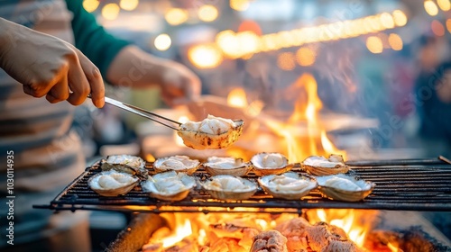 Vendor grilling seafood over open flame, bustling street food festival photo