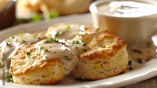 Fototapeta Naklejka Na Ścianę i Meble -  Buttermilk Biscuits with Savory Gravy and Parsley