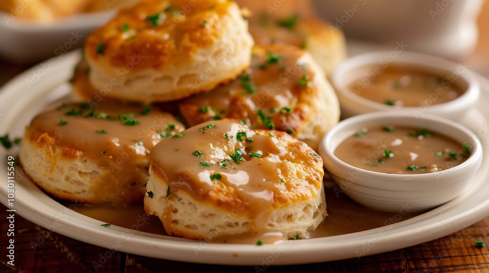 Closeup of Buttermilk Biscuits with Creamy Gravy