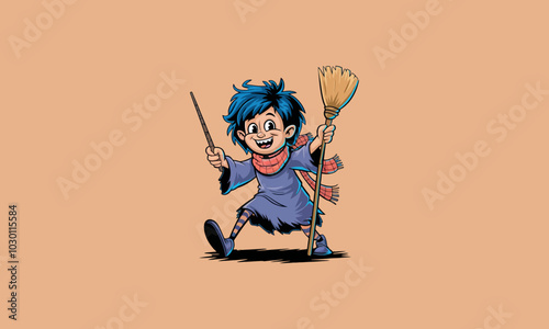 Cheerful young witch flying on a broomstick.