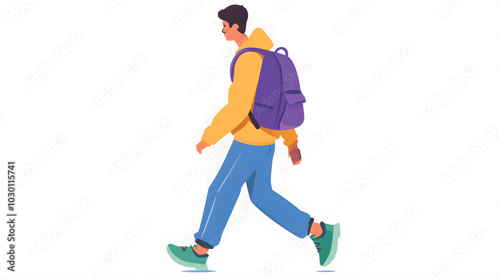 Fototapeta premium A man walking with a backpack, a flat design illustration on a white background, simple and minimalistic in style. The character is wearing colorful , in a vector art style