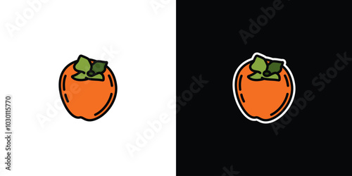 Ripe persimmon on white and black background. Original vector illustration in vintage style.