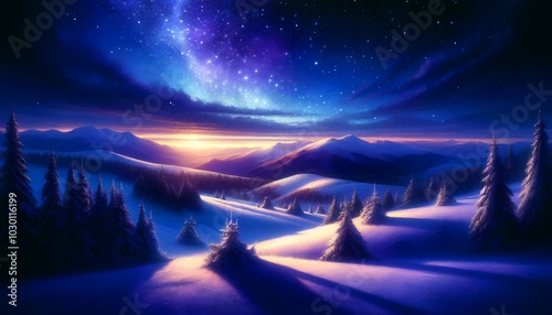 Wallpaper Mural A Mystical Snowy Mountain Landscape under a Deep Blue and Purple Starry Sky with Hints of Orange Just Before Sunset, Reflecting the Tranquility of Winter Torontodigital.ca