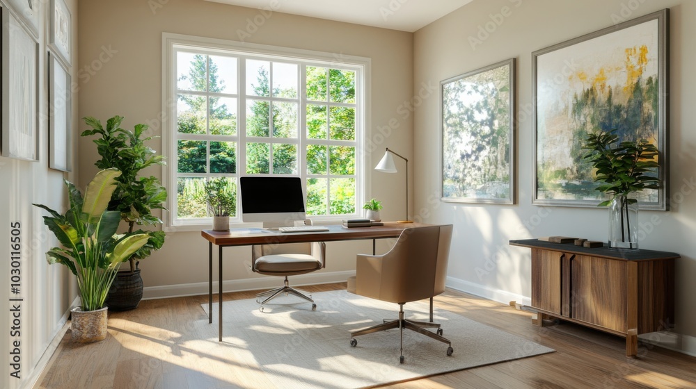 A spacious home office with a minimalist design, featuring a stylish desk, comfortable chair A spacious home office with a minimalist design, featuring a stylish desk, comfortable chair
